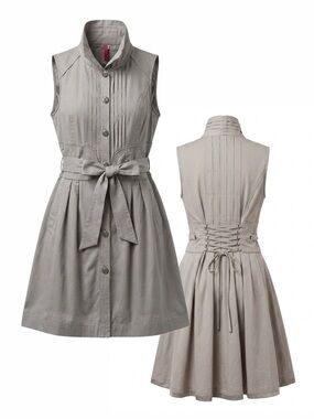 Victorian Grey Corset Back Pintuck Utility Sleeveless Shirt Dress Belted L